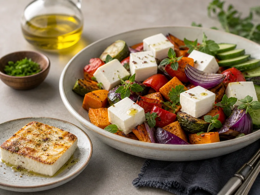 Danish white cheese cubes in salad with roasted vegetables - Danish Feta | KnowTheCheese