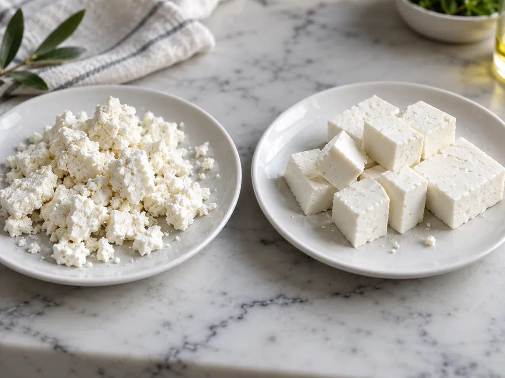 Illustration of crumbled white cheese on one plate and clean white cheese cubes on another - Danish Feta | KnowTheCheese