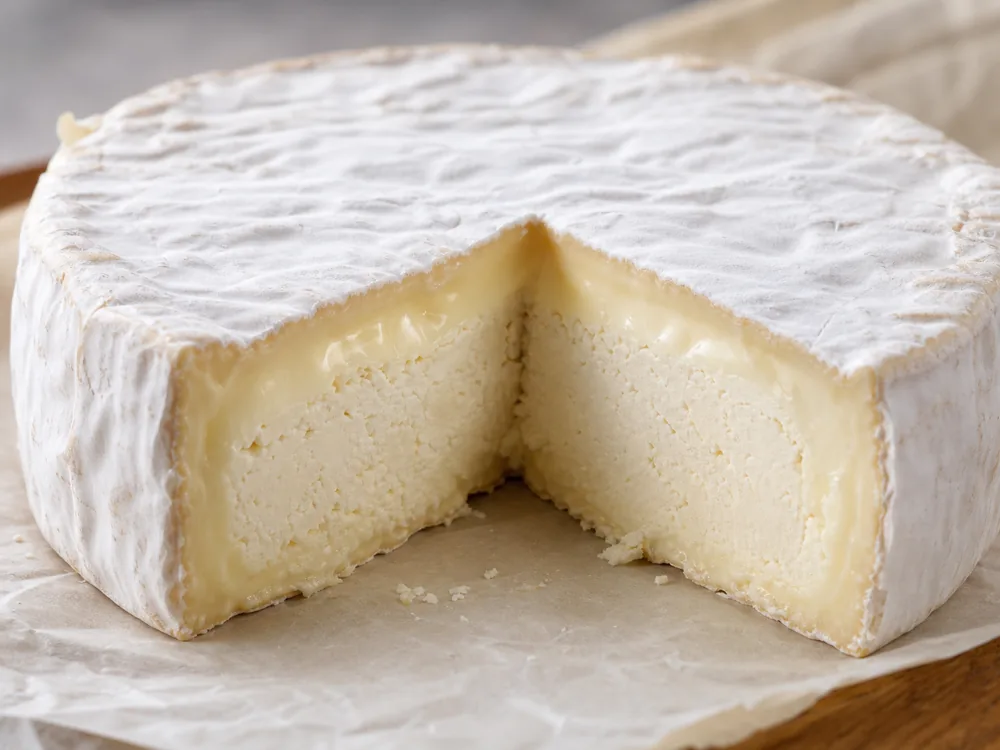 Cut Dauphin cheese wedge showing creamy rind layer and chalky center - Dauphin | KnowTheCheese