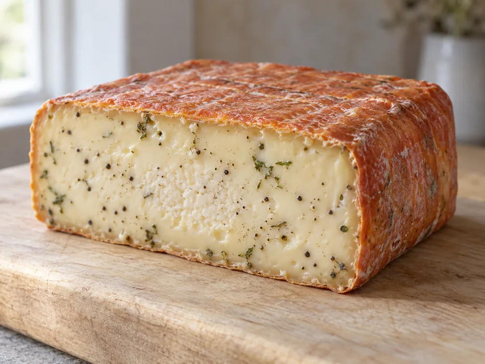 Cut slab of washed-rind cheese with an orange rind and herb and pepper flecks in the paste - Dauphin | KnowTheCheese