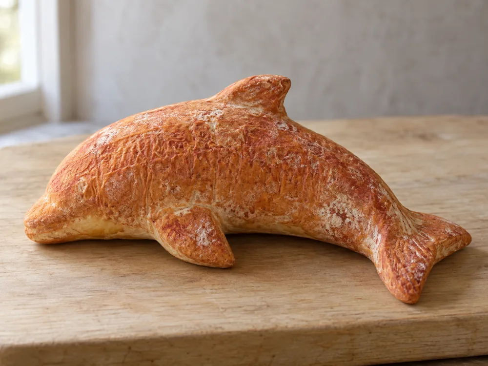 Dolphin-shaped cheese with an orange rind on a wooden board - Dauphin | KnowTheCheese