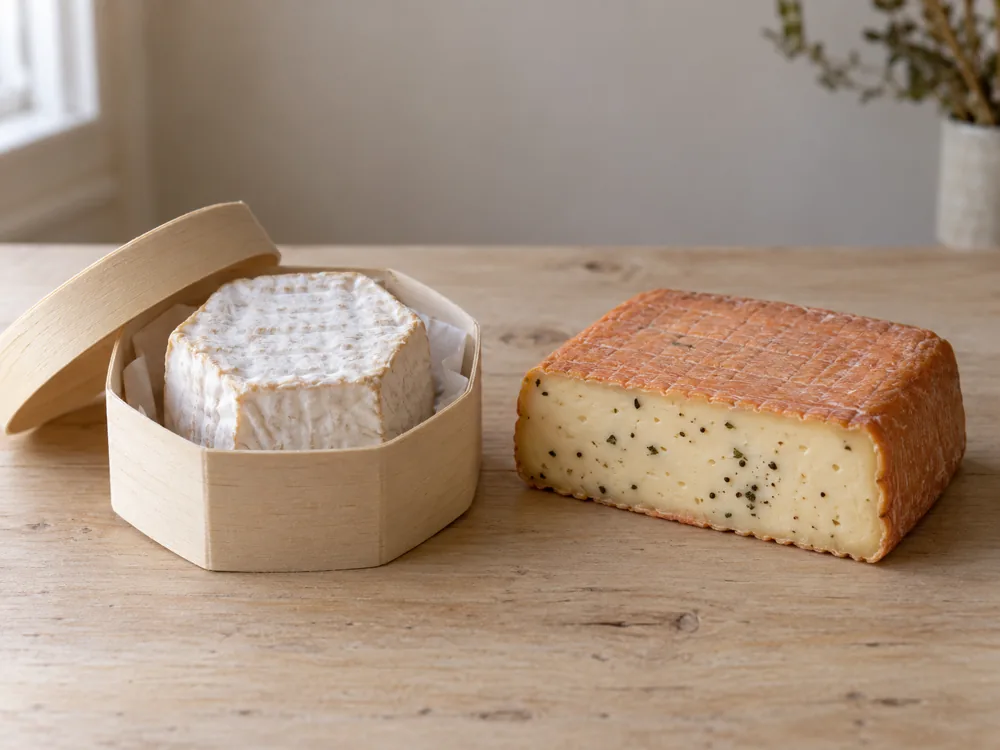 White-rind cheese in an open wooden box beside a slab of orange-rind cheese with herb and pepper flecks in the paste - Dauphin | KnowTheCheese