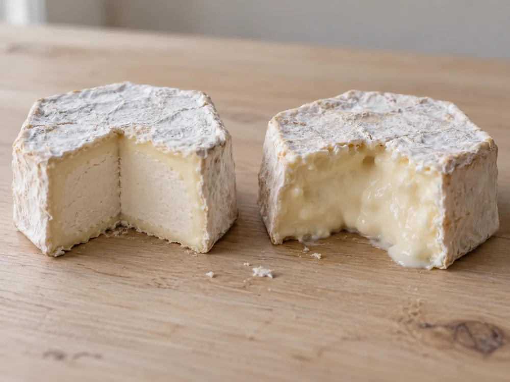 Two cut white-rind cheeses, one with a firm chalky centre and one with a soft flowing centre - Dauphin | KnowTheCheese