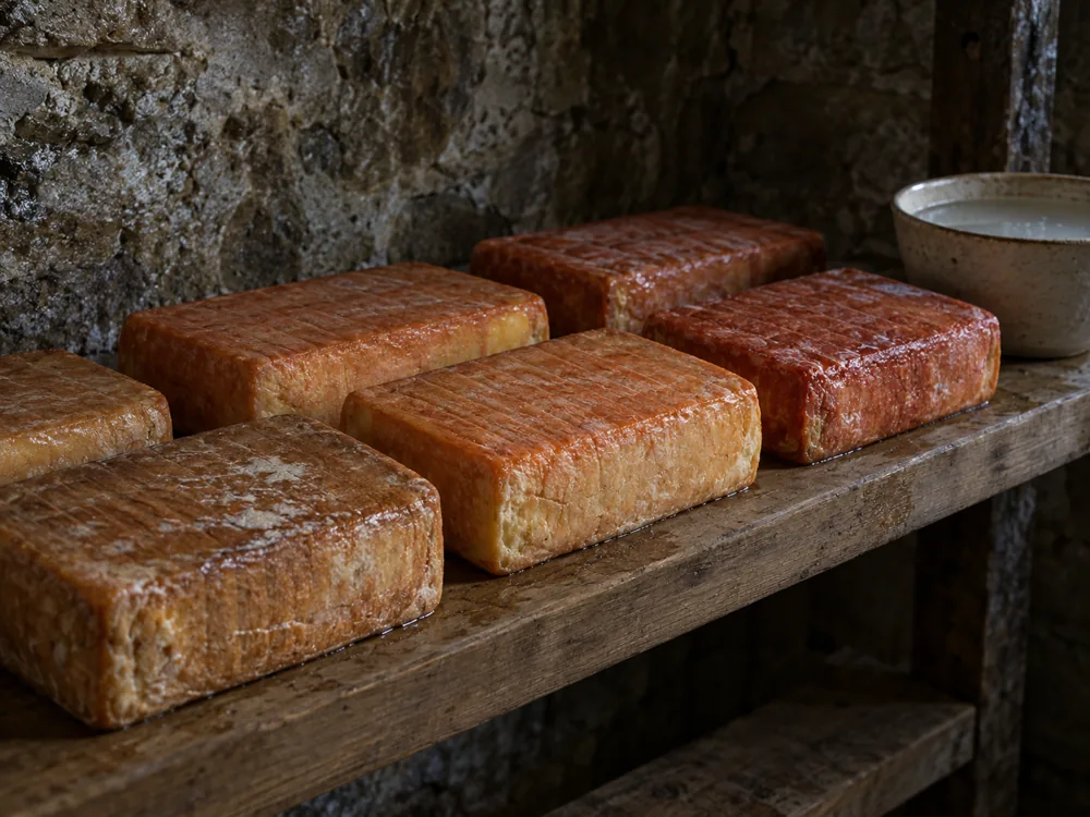 Rectangular washed-rind cheeses with brown to brick-red rinds on a wooden shelf in a stone cellar beside a bowl of salt water - Dauphin | KnowTheCheese