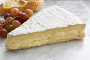 Wedge of Delice de Bourgogne with bloomy rind and buttery ivory paste - Delice de Bourgogne cheese | KnowTheCheese