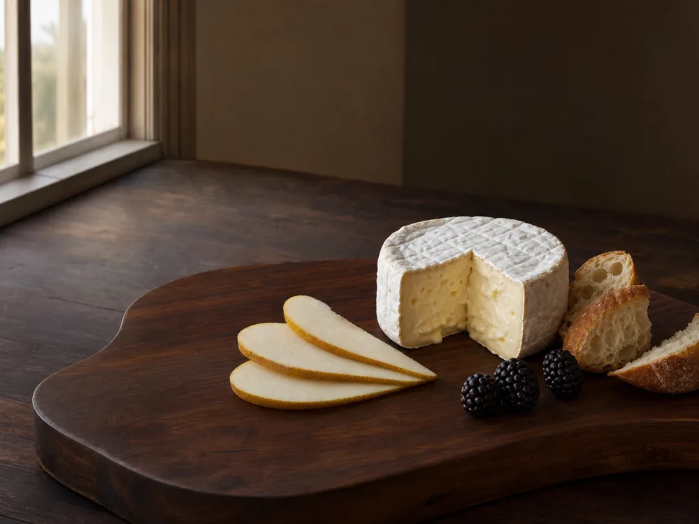 Delice de Bourgogne with pear, berries, and baguette on a spacious board