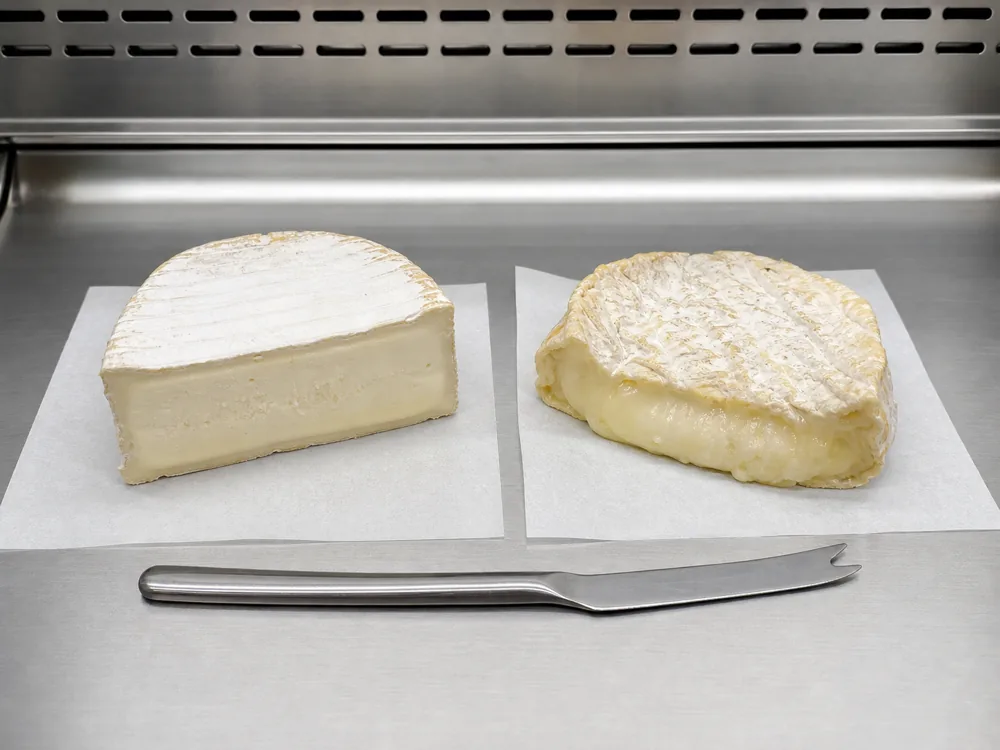 Shape-holding and overripe Delice de Bourgogne portions compared on a chilled counter - Delice de Bourgogne | KnowTheCheese