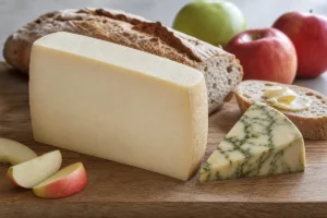 Plain Derby cheese wedge beside Sage Derby apples and bread - Derby | KnowTheCheese