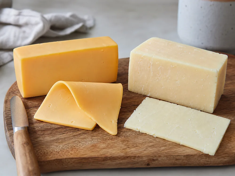 Derby cheese slice beside a firmer cheddar-style slice - Derby | KnowTheCheese