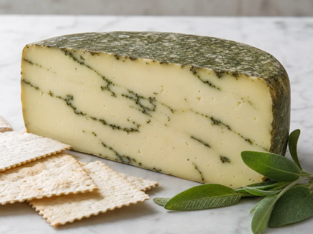 Sage Derby cheese wedge with green sage marbling - Derby | KnowTheCheese
