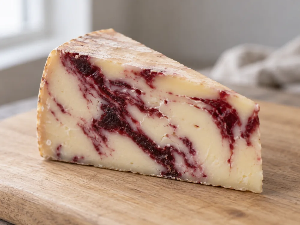 Wedge of cheese with deep ruby red marbling - Port Wine Derby | KnowTheCheese