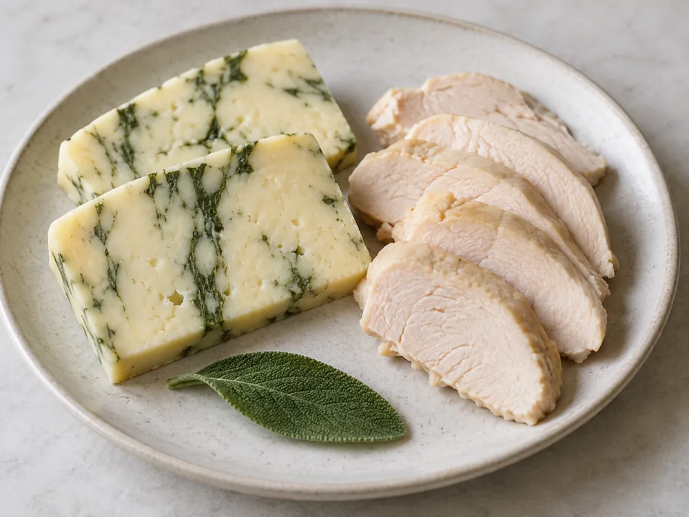 Sage-marbled cheese slices beside sliced cold chicken and a sage leaf - Sage Derby | KnowTheCheese