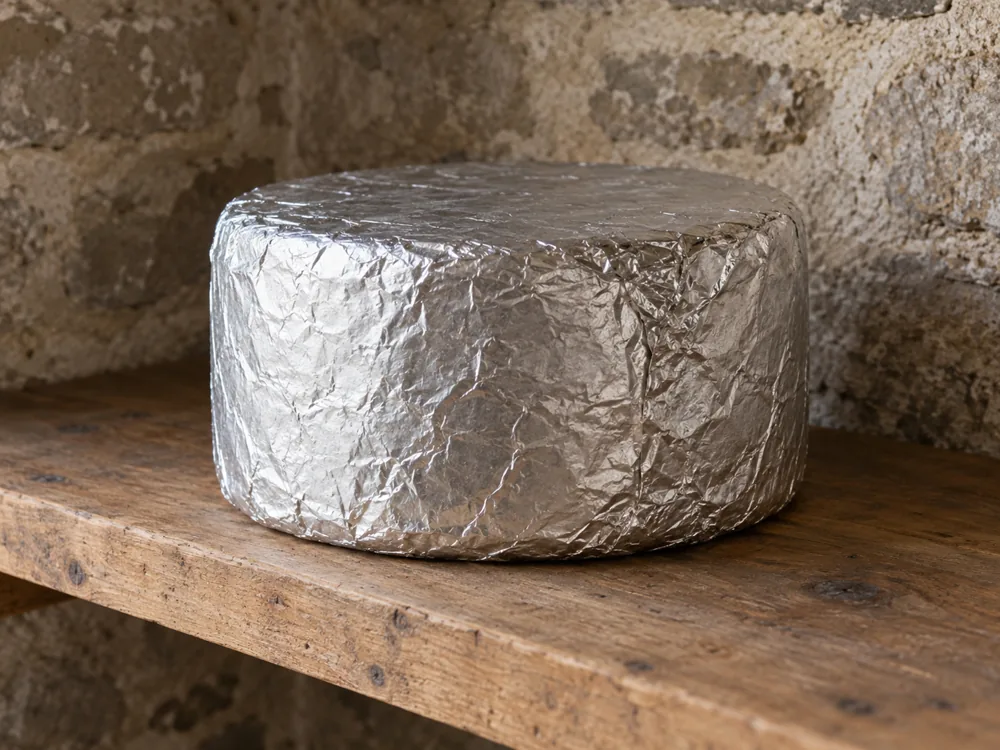Round cheese wheel wrapped in crinkled silver foil on a wooden shelf - Devon Blue | KnowTheCheese