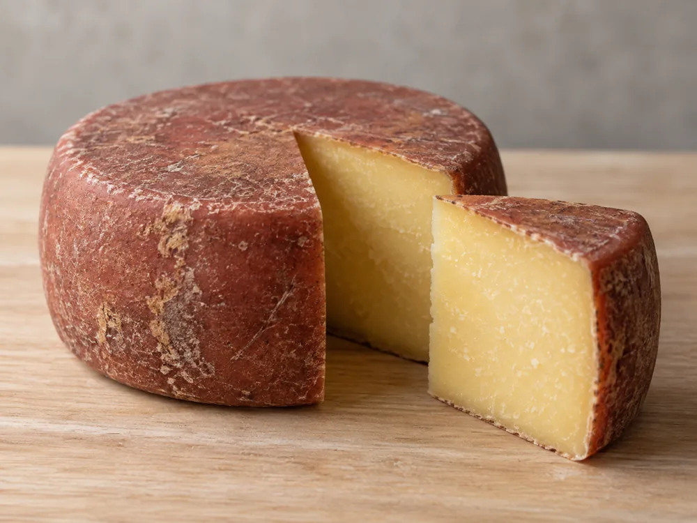 Round cheese wheel with a reddish-brown outside and a wedge cut out showing pale yellow paste - Doddington | KnowTheCheese