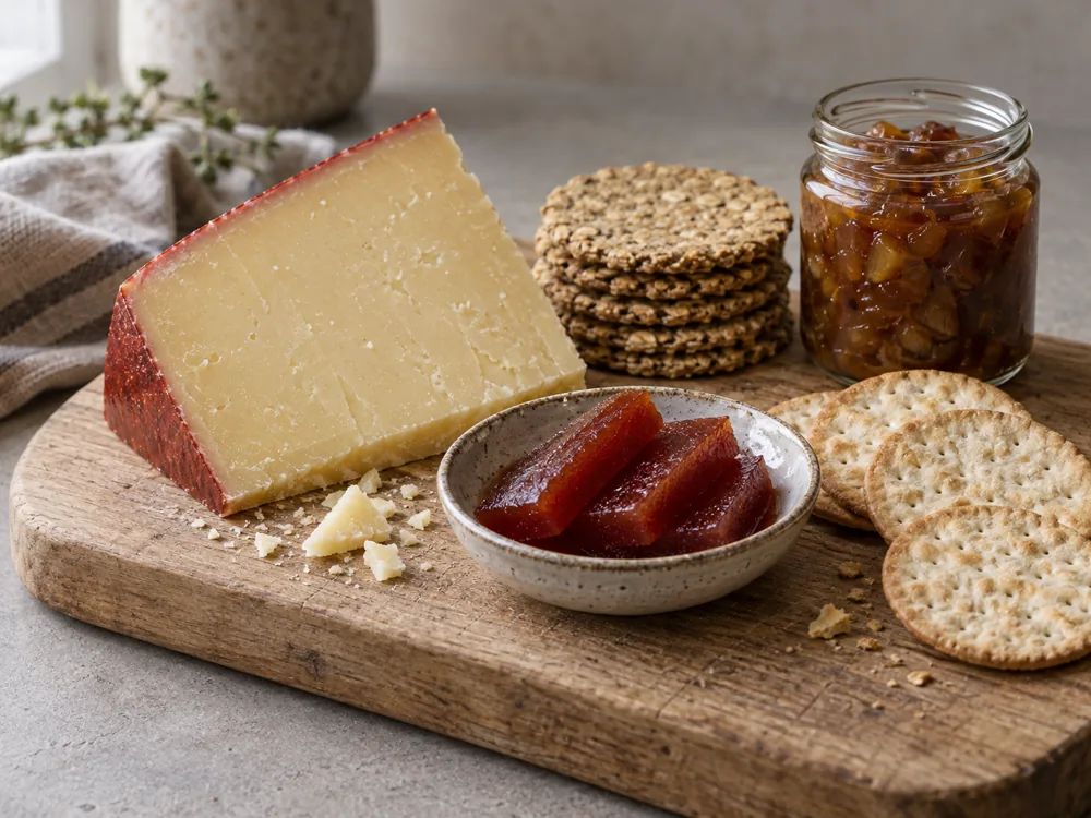 Wedge of pale cheese on a board with oatcakes, water biscuits, quince paste, and apple chutney - Doddington | KnowTheCheese