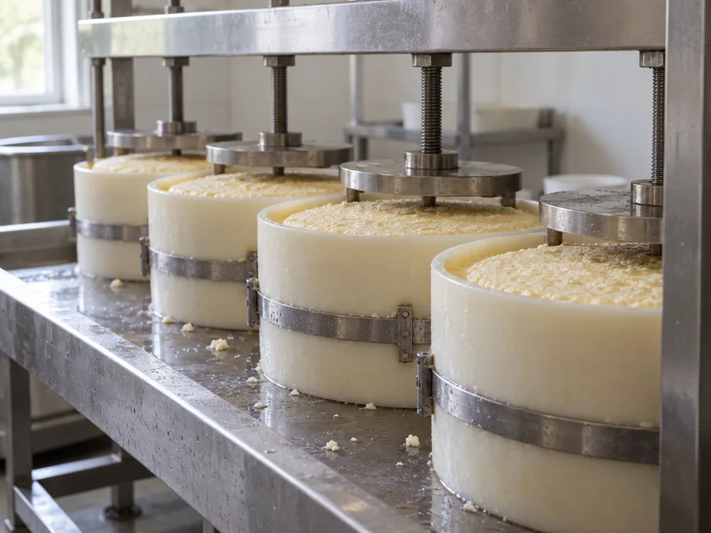 Round moulds of pale pressed cheese curd under a mechanical press in a dairy - Doddington | KnowTheCheese