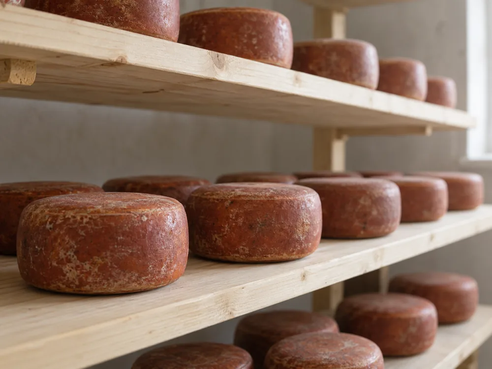 Round cheese wheels with a reddish-brown outside maturing on open pine shelves - Doddington | KnowTheCheese