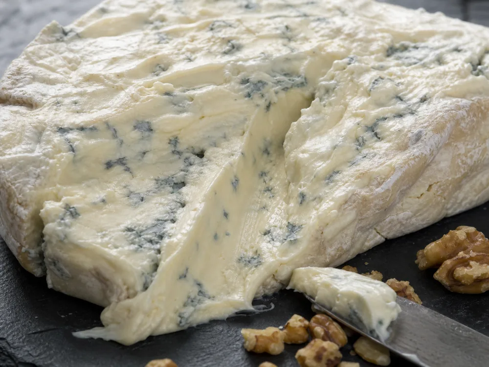 Dolcelatte creamy cut face with blue veins and a knife smear - Dolcelatte | KnowTheCheese