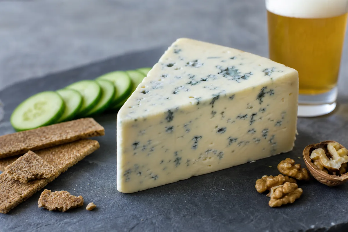 Dorblu cheese wedge with rye crackers cucumber walnuts and wheat beer - Dorblu | KnowTheCheese
