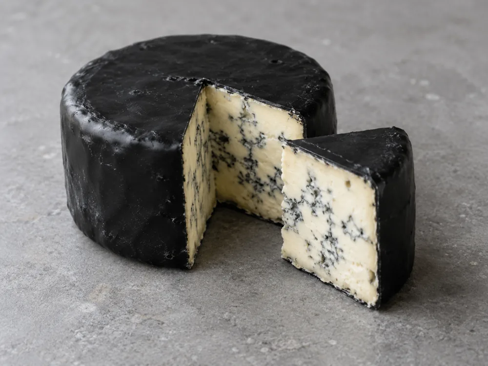 Black wax coated blue cheese wheel with a cut wedge showing ivory paste and blue veining - Dorblu Grand Noir | KnowTheCheese