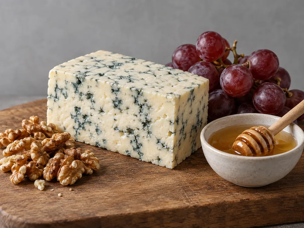 Blue-veined cream-colored cheese block with walnut halves, red grapes and a bowl of honey on a wooden board - Dorblu | KnowTheCheese