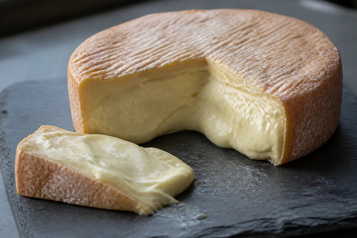 Wheel of soft washed-rind Dorset cheese cut open on slate - Dorset cheese | KnowTheCheese