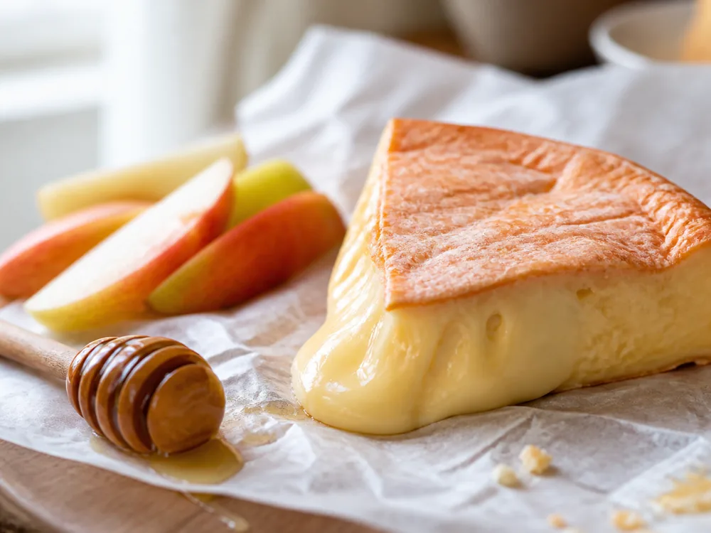 Wedge of washed-rind cheese softening on wax paper beside sliced apple and honey - Dorset cheese | KnowTheCheese