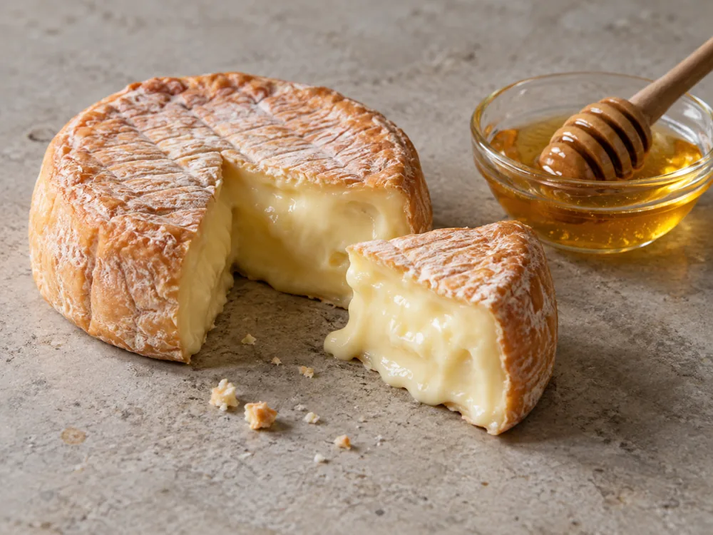 Cut wedge of washed-rind cheese beside a glass dish of honey - Dorset cheese | KnowTheCheese