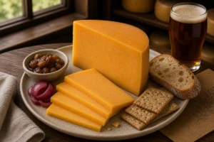 Double Gloucester-style orange cheese wedge and slices with chutney, pickled onions, and ale - Double Gloucester cheese | KnowTheCheese