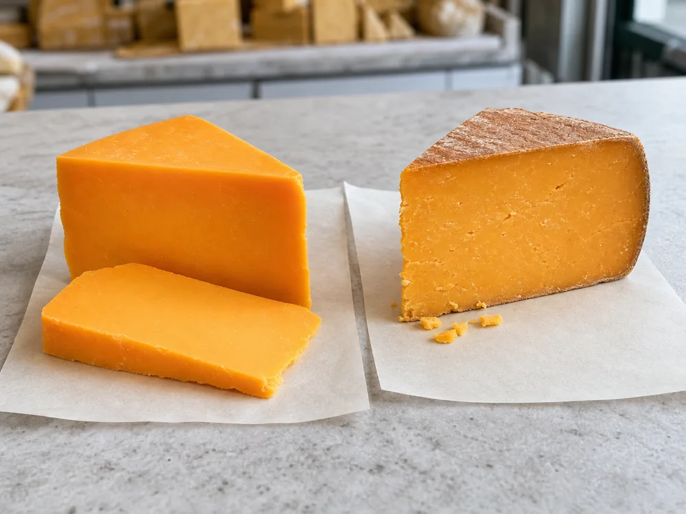 Younger smooth and mature crumbly Double Gloucester wedges compared - Double Gloucester | KnowTheCheese