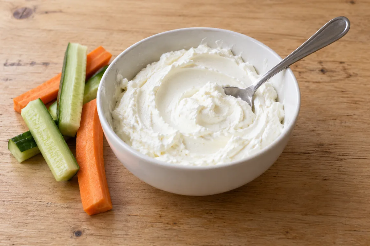 Bowl of smooth creamy white fresh cheese with raw vegetable sticks - Driftless | KnowTheCheese