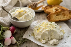 Driftless fresh sheep milk cheese with herbs lemon honey toast and radishes - Driftless | KnowTheCheese