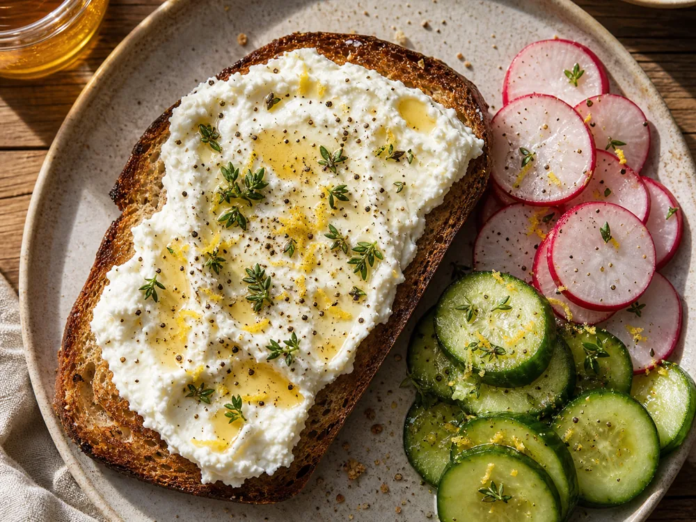 Driftless fresh cheese spread on toast with honey herbs radish and cucumber - Driftless | KnowTheCheese