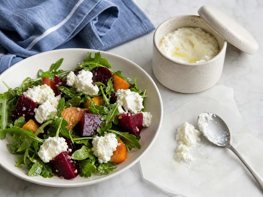 Driftless fresh cheese on beet arugula salad with covered storage cup - Driftless | KnowTheCheese