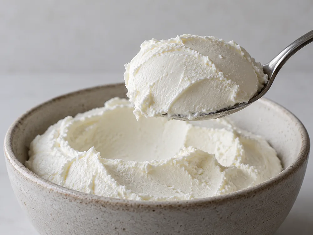 Spoon lifting a scoop of smooth creamy white fresh cheese from a bowl - Driftless | KnowTheCheese