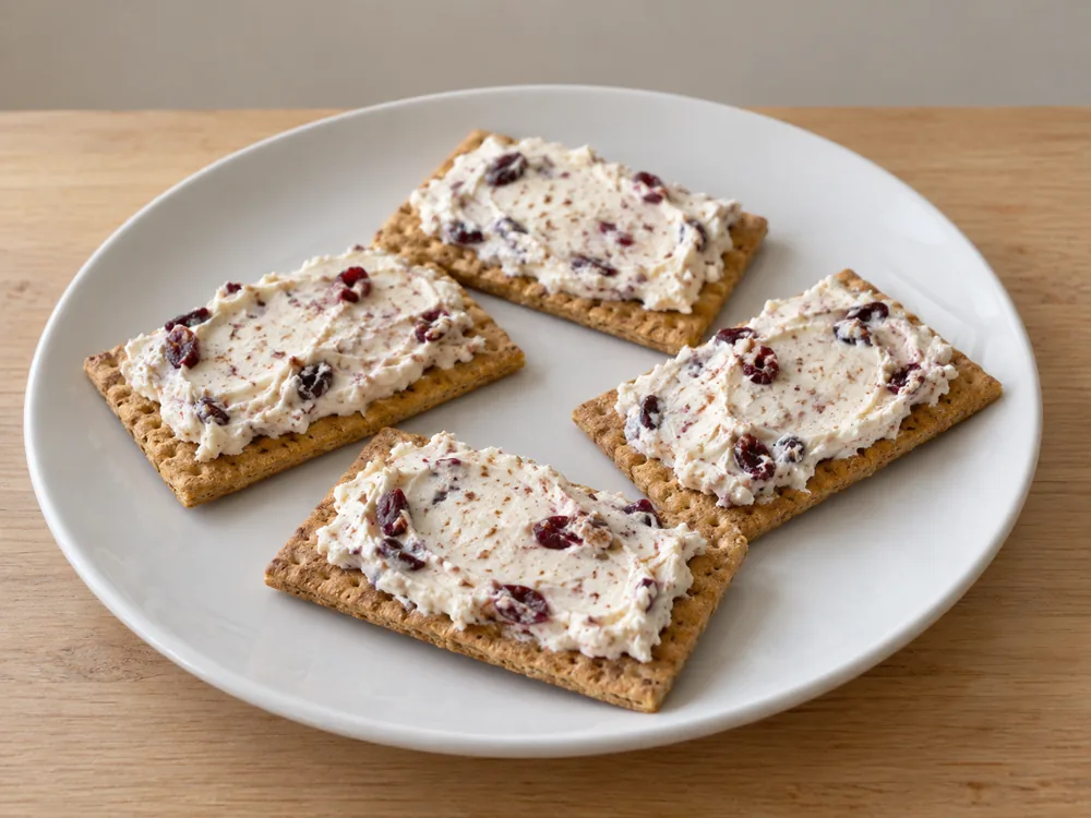 Graham crackers spread with creamy white cheese and dried cranberry pieces on a plate - Driftless | KnowTheCheese