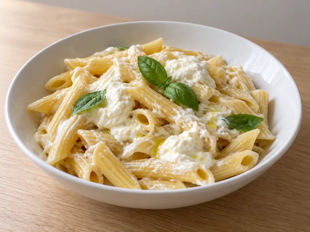 Bowl of warm penne with spoonfuls of creamy white cheese and basil leaves - Driftless | KnowTheCheese