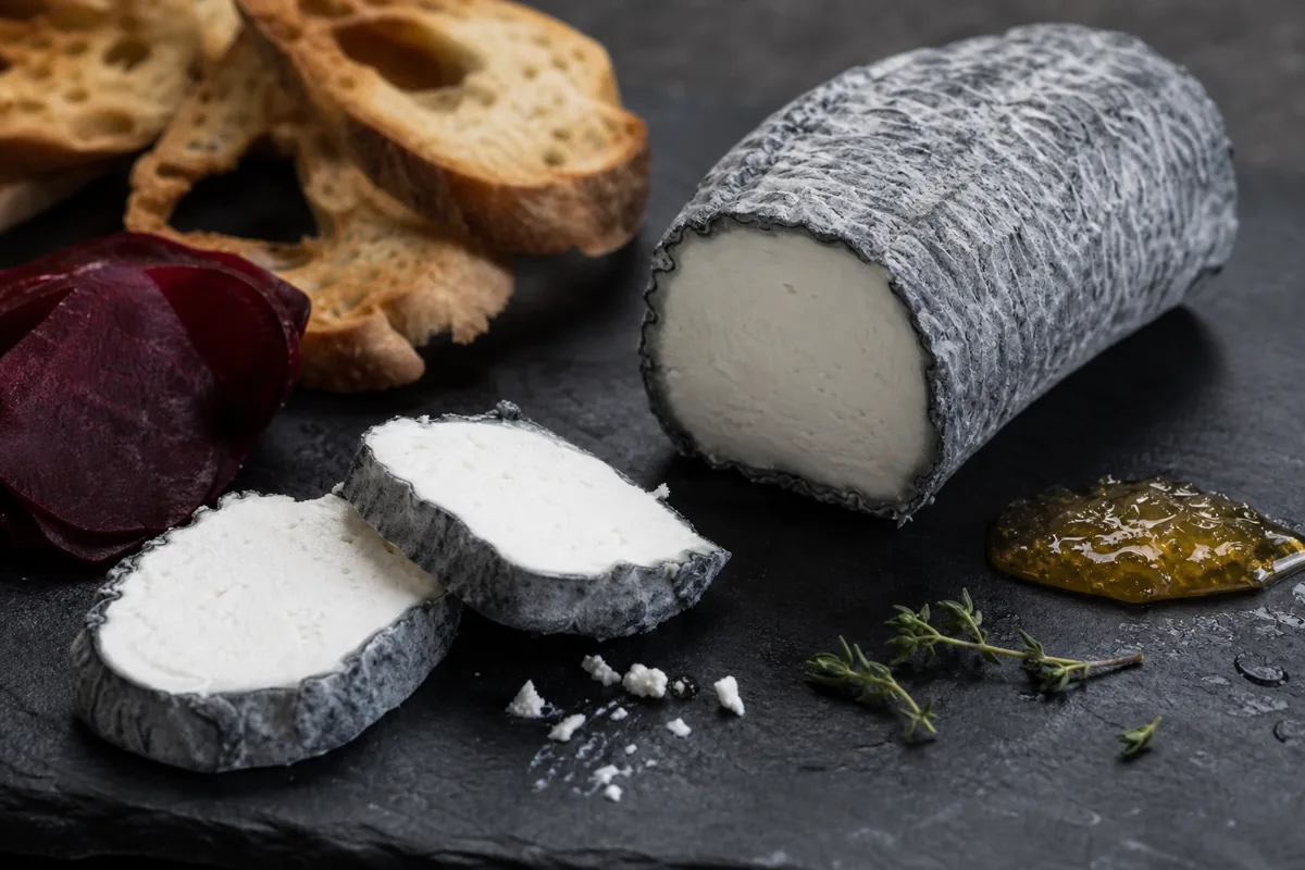 Driftwood ash coated goat cheese log with beet toast honey and thyme - Driftwood | KnowTheCheese