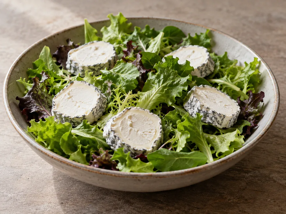 Round slices of ash coated goat cheese on mixed salad leaves in a bowl - Driftwood | KnowTheCheese