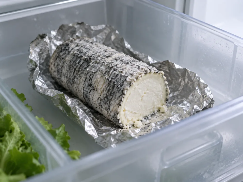 Ash coated goat cheese log partly unwrapped from aluminium foil in a refrigerator drawer - Driftwood | KnowTheCheese