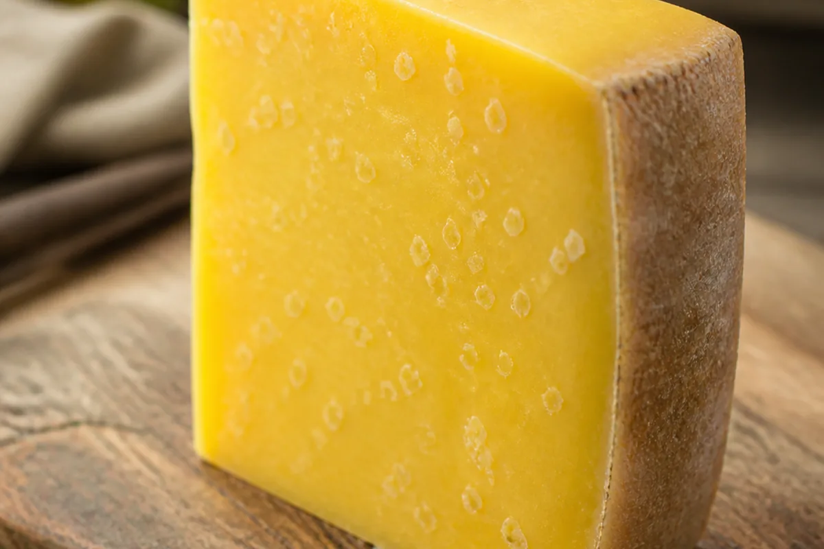 Wedge of Dubliner cheese with a bright vivid-yellow interior and visible aging crystals - Dubliner cheese | KnowTheCheese