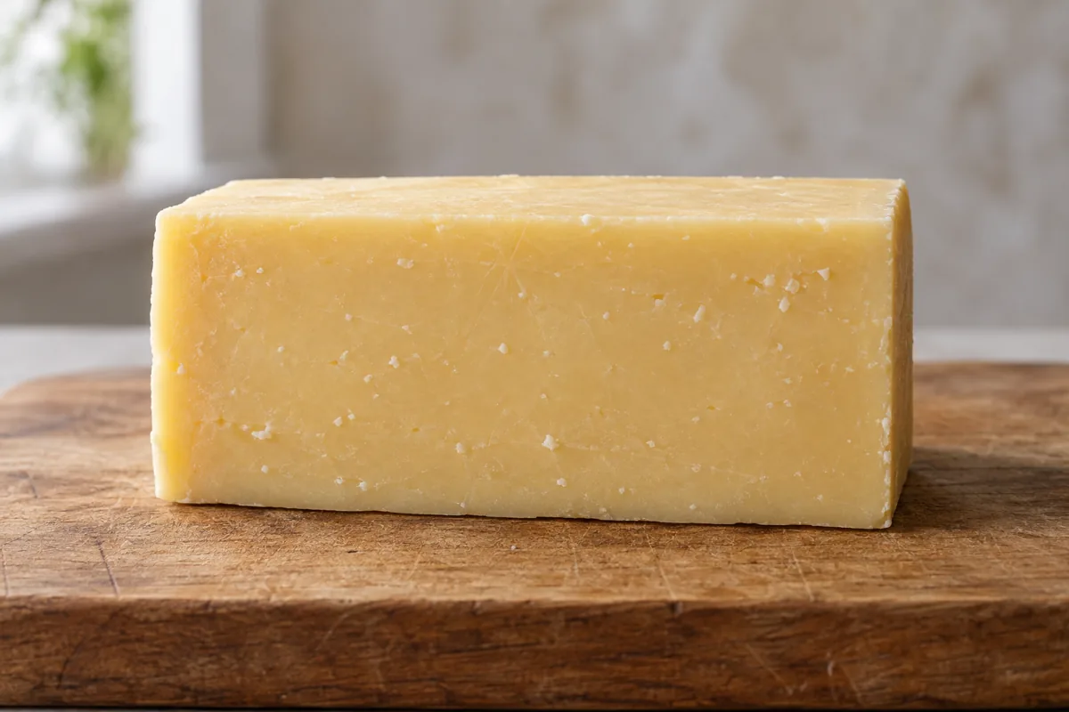 Block of firm pale yellow cheese with a few small white flecks - Dubliner cheese | KnowTheCheese