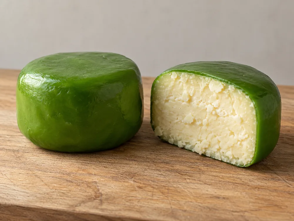 Whole green-waxed cheese wheel beside a halved one with crumbly cheese - Dubliner with Irish Stout | KnowTheCheese