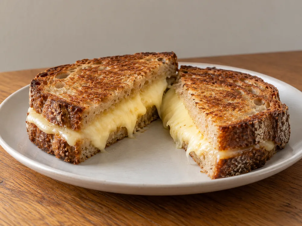 Brown bread sandwich cut in half with melted pale yellow cheese - Dubliner cheese | KnowTheCheese