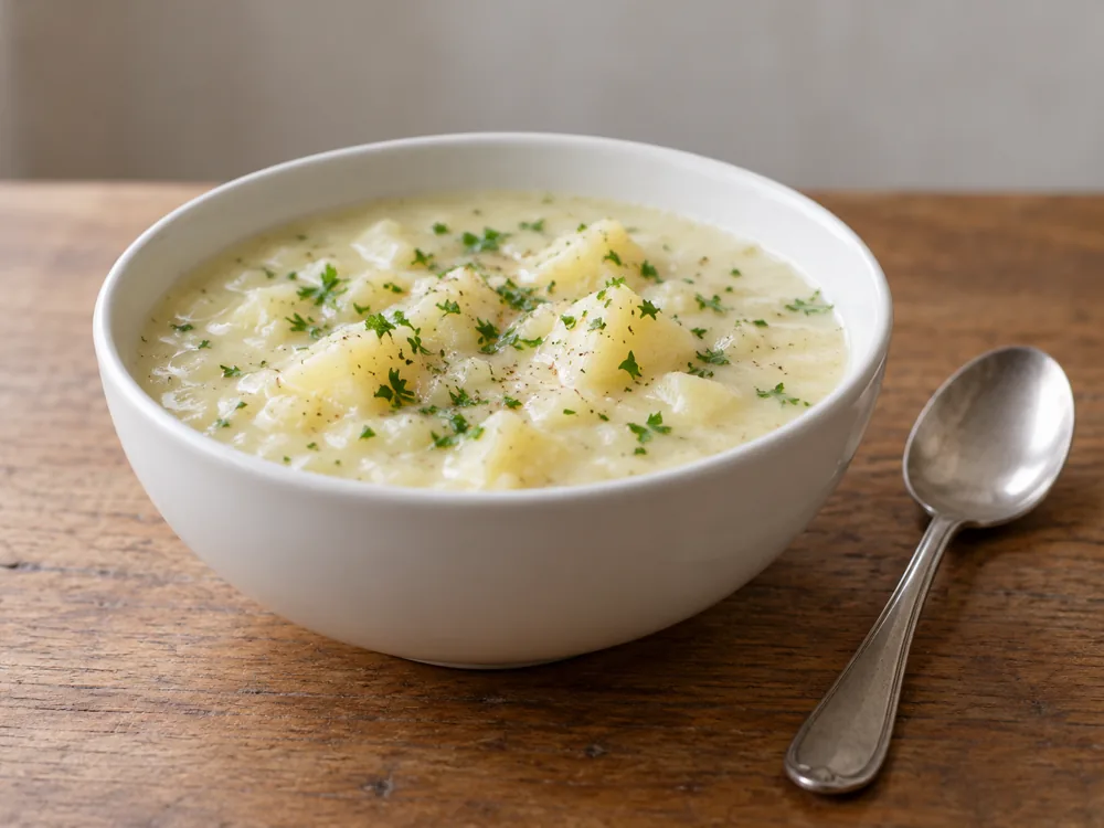White bowl of potato soup with chunks of potato and minced parsley - Dubliner cheese | KnowTheCheese