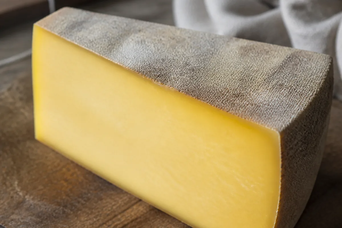 Wedge of buttercup-yellow Dunlop cheese with a cloth-bound rind - Dunlop cheese | KnowTheCheese
