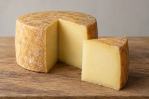 Round cheese with one wedge cut out, showing a pale yellow close paste and a thin golden rind - Dunlop cheese | KnowTheCheese