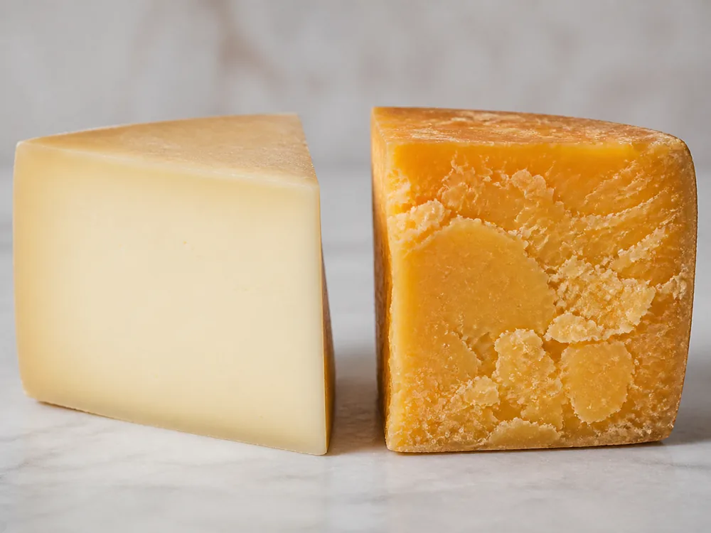 Smooth Dunlop cheese wedge beside a cracked cheddar wedge for comparison - Dunlop cheese | KnowTheCheese