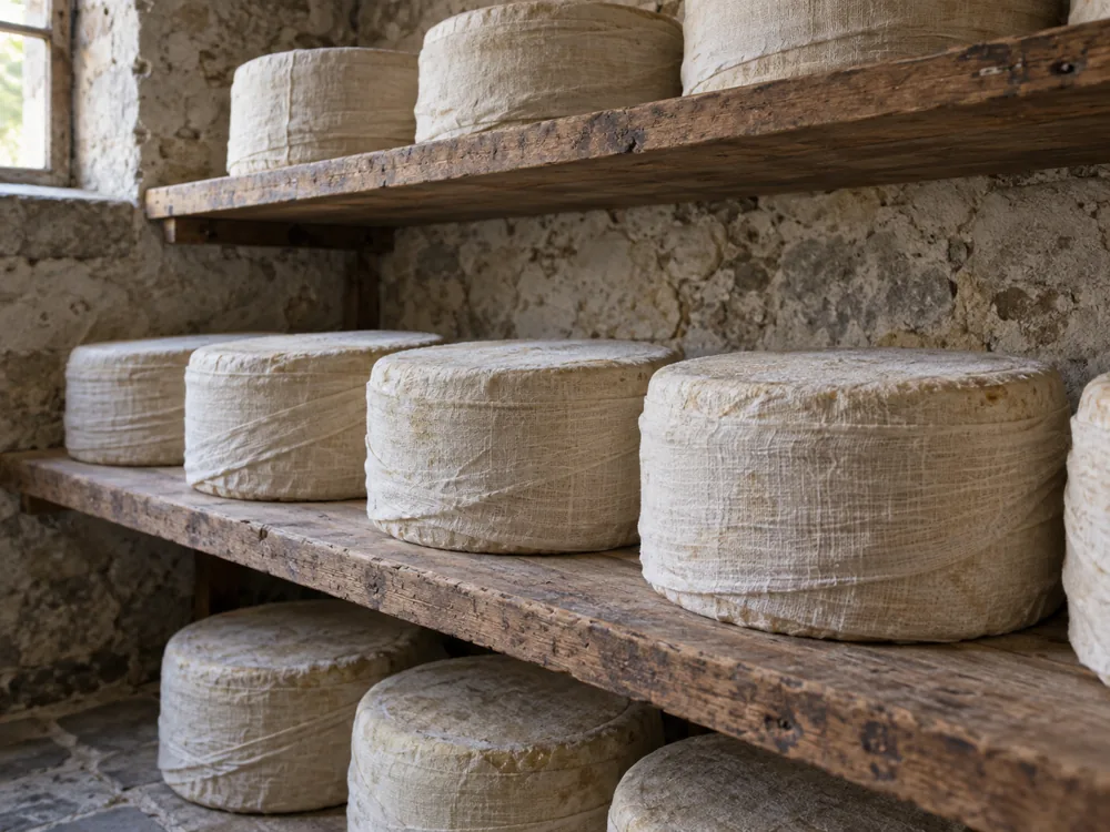 Cheeses wrapped in cloth bandages on wooden shelves - Dunlop cheese | KnowTheCheese