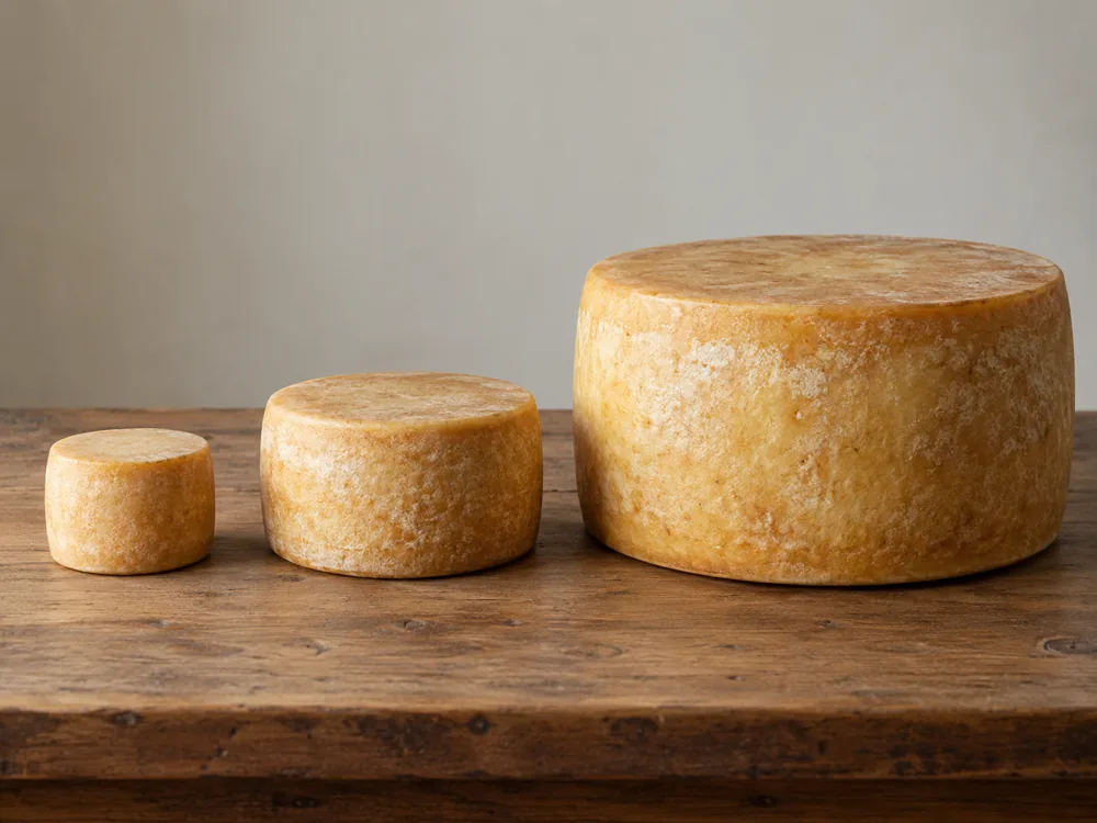 Three round cheeses of small, medium and large size side by side - Dunlop cheese | KnowTheCheese
